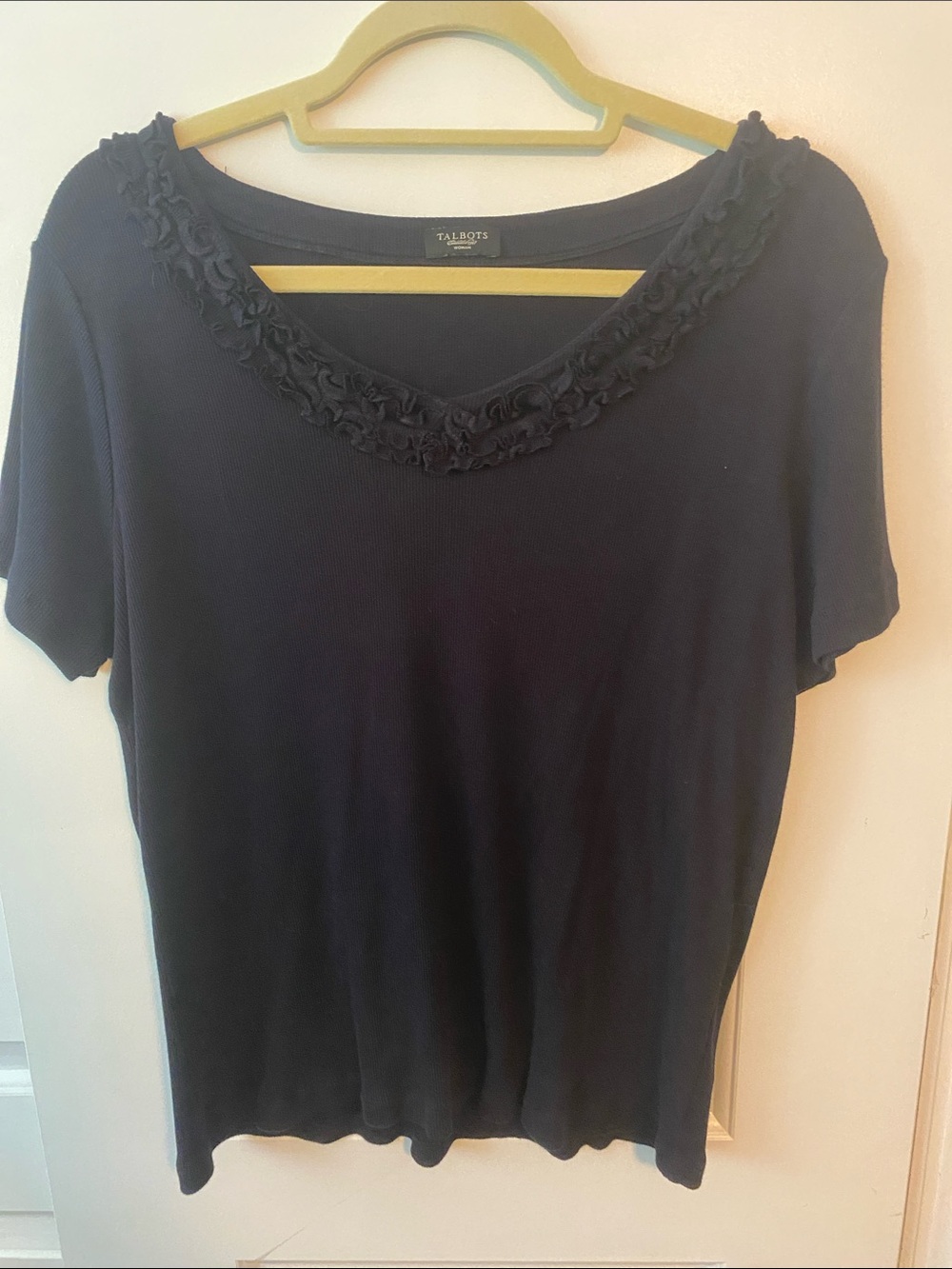 Talbots Black Short Sleeve Knit Top with Embellished Scoop Neckline